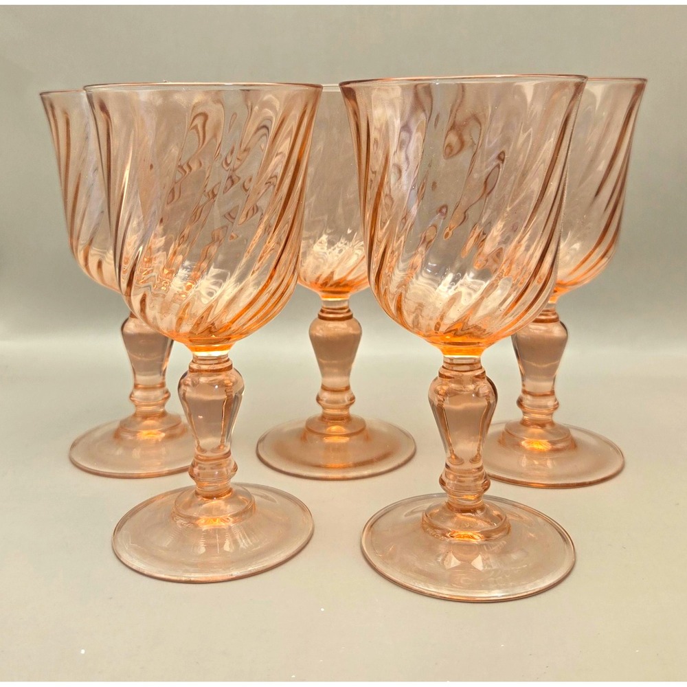 Vintage Sat of 5 Luminarc' Rosaline France Pink Swirl Wine Goblets (BX)